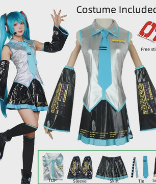 Compleet Miku Cosplay Kostuum: Zilverkleurig Leer & Zeemansjurk Uniform met Accessoires