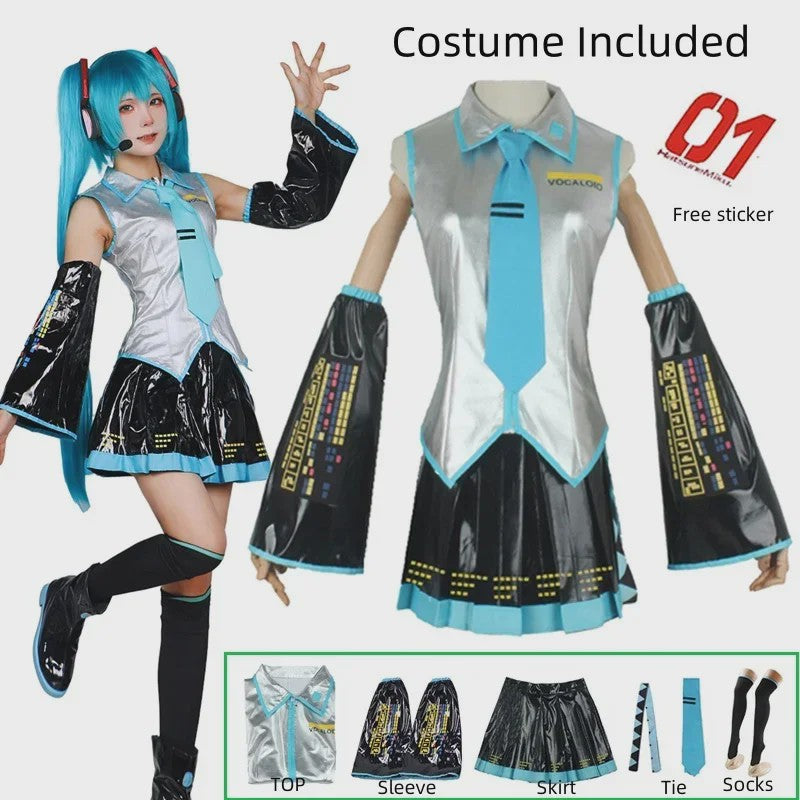 Compleet Miku Cosplay Kostuum: Zilverkleurig Leer & Zeemansjurk Uniform met Accessoires