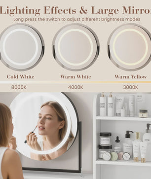 Make-up Tafel met Verlichte Spiegel, 3 Lichtstanden & Föhn-houder