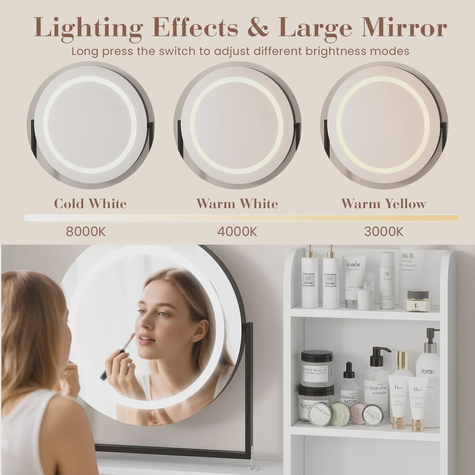 Make-up Tafel met Verlichte Spiegel, 3 Lichtstanden & Föhn-houder