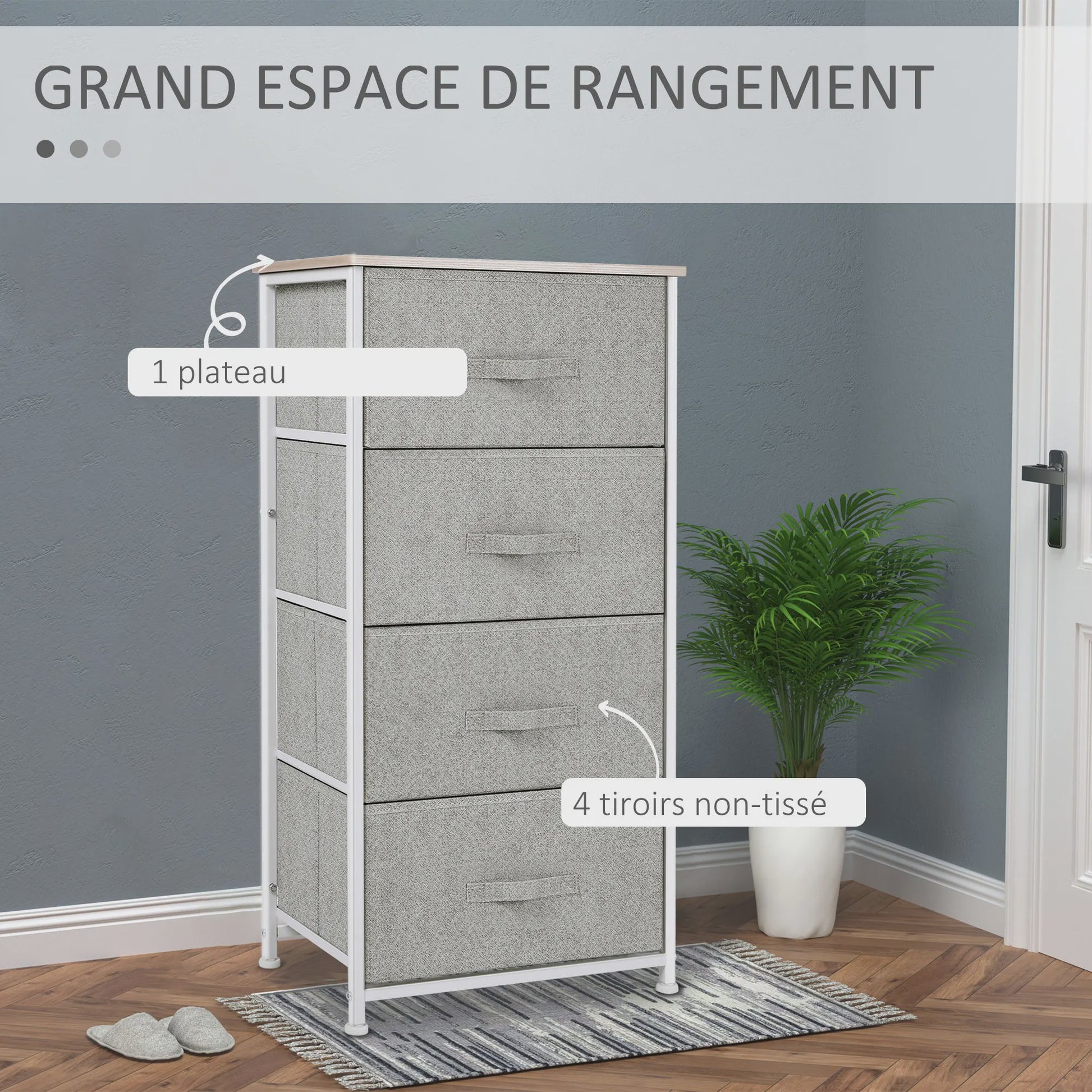 HOMCOM Ladekast met 4 Stoffen Laden en Metalen Frame - 45x30x92 cm