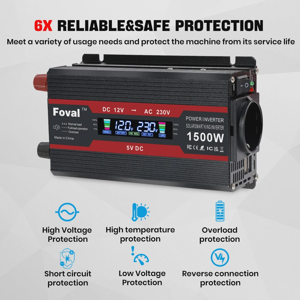 Krachtige 1500W-3000W Auto Omvormer (DC12V/24V naar AC230V) met LCD, USB & EU-stopcontact