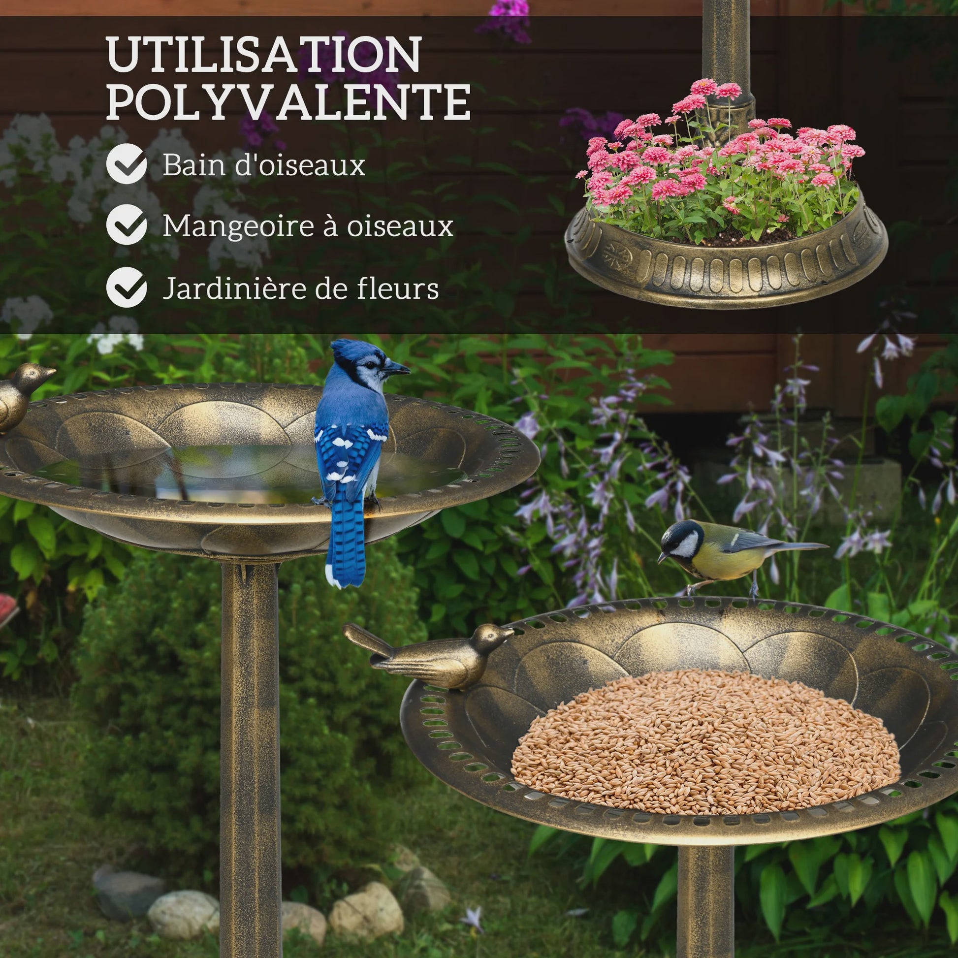 Outsunny Vogelbad & Voederstation met Plantenbak - Ø 50 x 72 cm - Antiek Brons