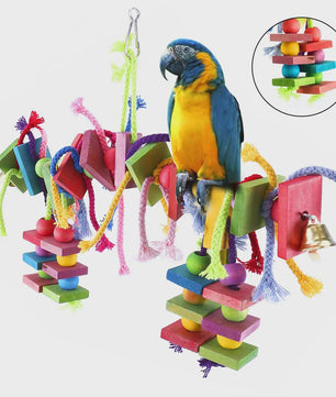 Kleurrijk Houten Papegaai Speeltje met Katoen Touw - Kauwen, Klimmen & Puzzelen