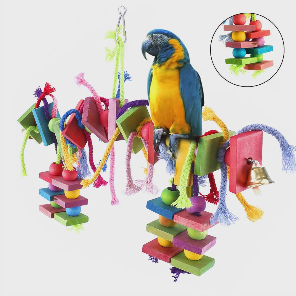 Kleurrijk Houten Papegaai Speeltje met Katoen Touw - Kauwen, Klimmen & Puzzelen