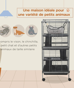 Pawut 4-level Portable Small Animal Cage for Small Animal, 2-door, 2-door, 3-Ramp, hammock and removable tray, 52x52 x cm Grey