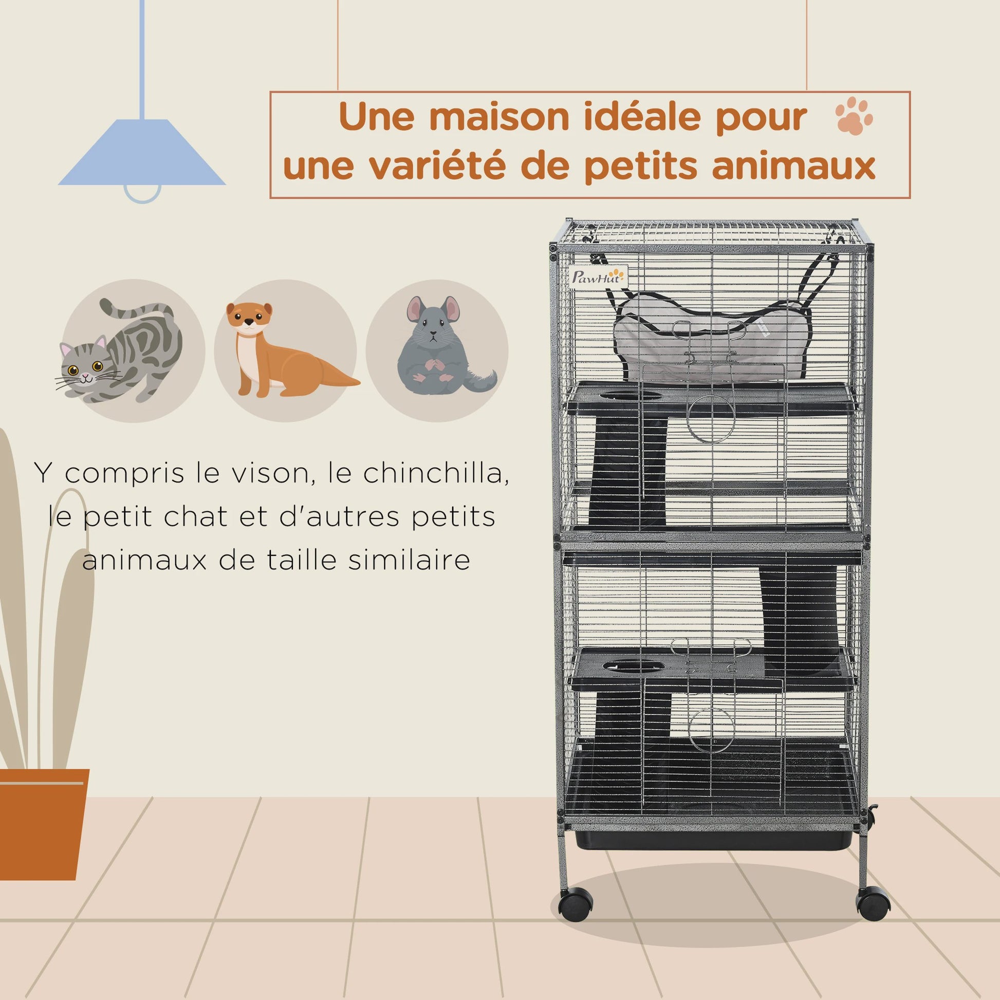 Pawut 4-level Portable Small Animal Cage for Small Animal, 2-door, 2-door, 3-Ramp, hammock and removable tray, 52x52 x cm Grey