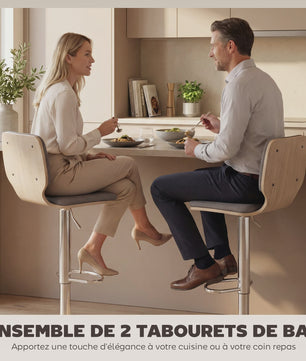 Set van 2 Bar Krukken - Verstelbaar, Draaibaar & Comfortabel - Grijs/Hout