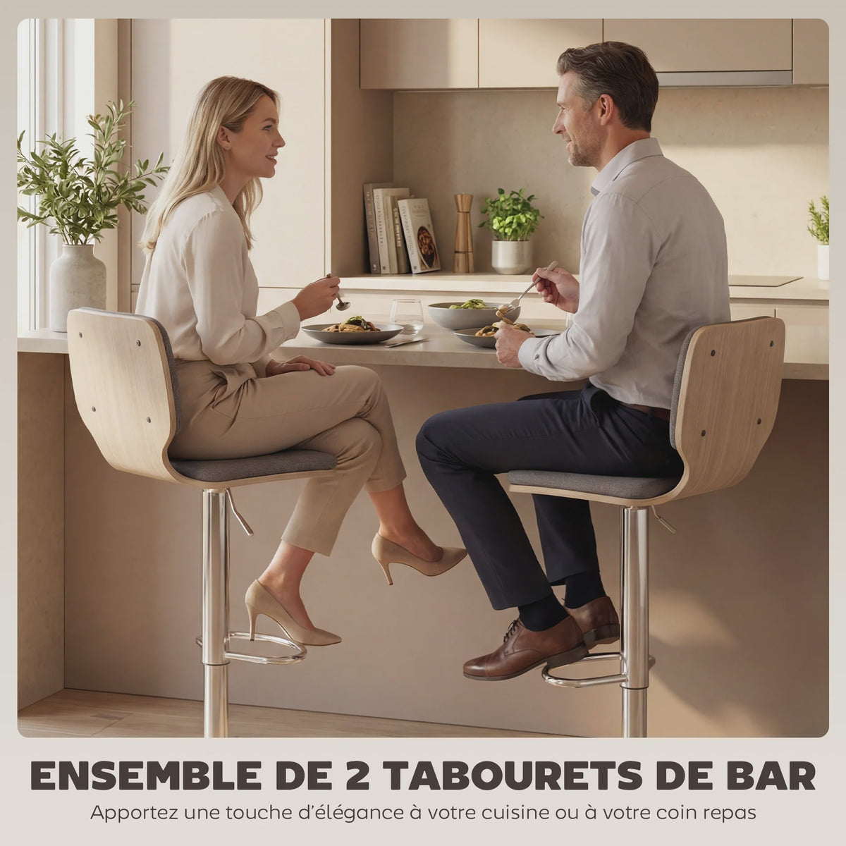 Set van 2 Bar Krukken - Verstelbaar, Draaibaar & Comfortabel - Grijs/Hout