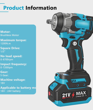 Krachtige Accu Slagschroevendraaier 1200Nm - Borstelloos, 5 Versnellingen, 1/2" Aansluiting, Compatibel met Makita 18V Batterijen