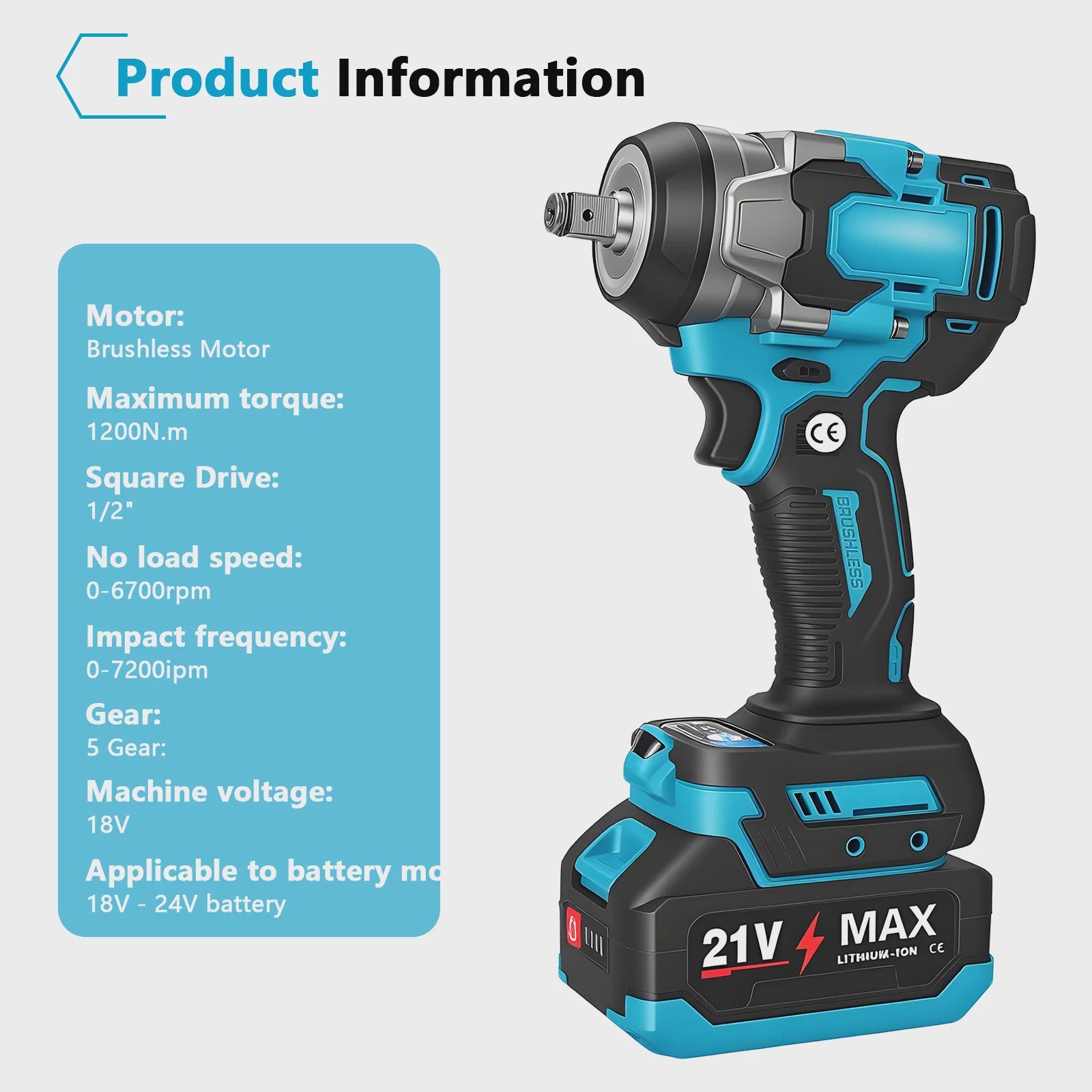 Krachtige Accu Slagschroevendraaier 1200Nm - Borstelloos, 5 Versnellingen, 1/2" Aansluiting, Compatibel met Makita 18V Batterijen