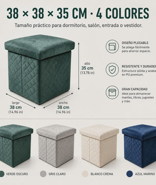 3-in-1 Opvouwbare Fluwelen Opberg Poef met Diamant Design - 38x38x35cm