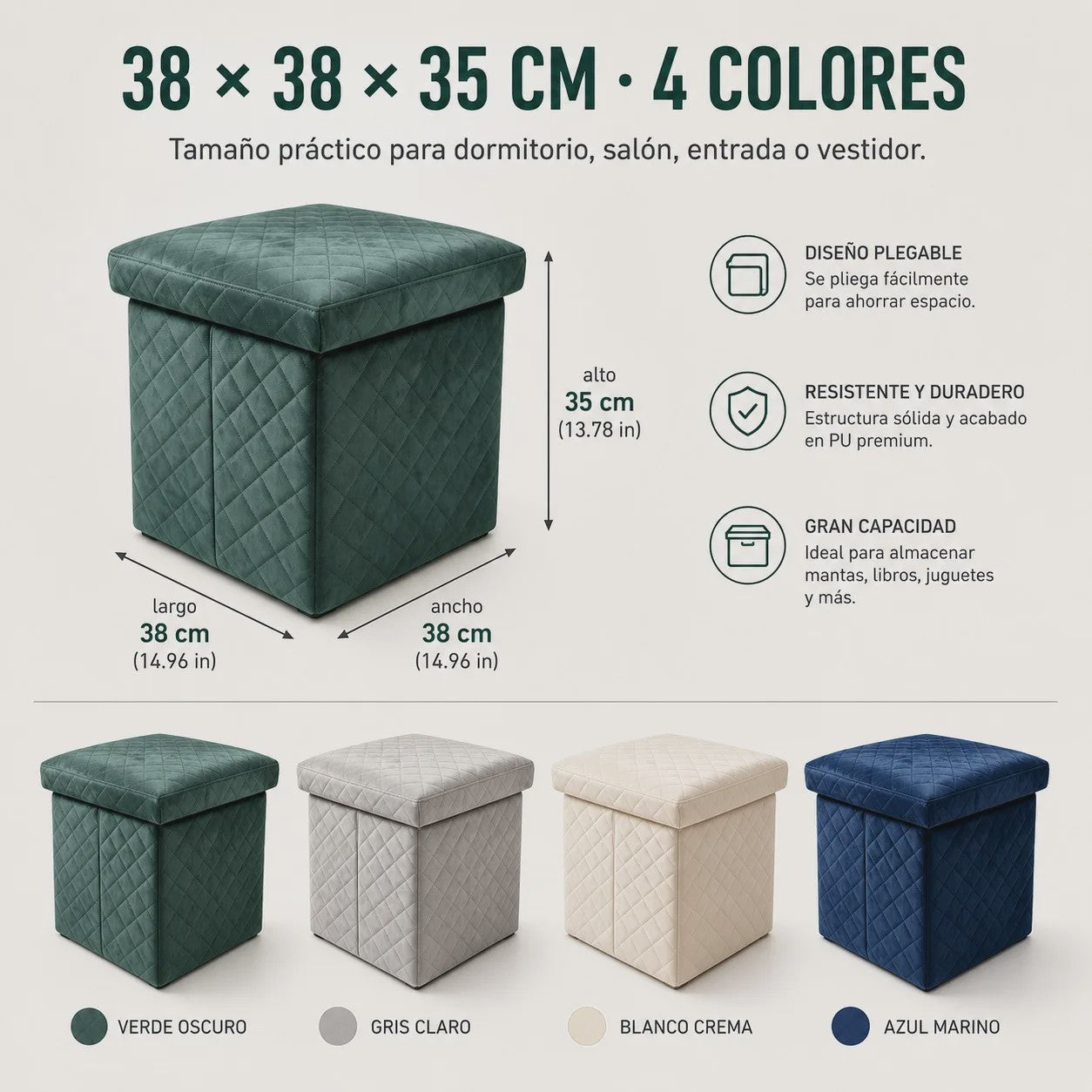 3-in-1 Opvouwbare Fluwelen Opberg Poef met Diamant Design - 38x38x35cm