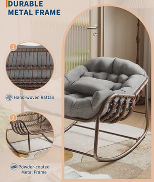 Oversized Rotan Wipstoel met Dik Kussen - Moderne Wicker Lounge Stoel voor Binnen & Buiten