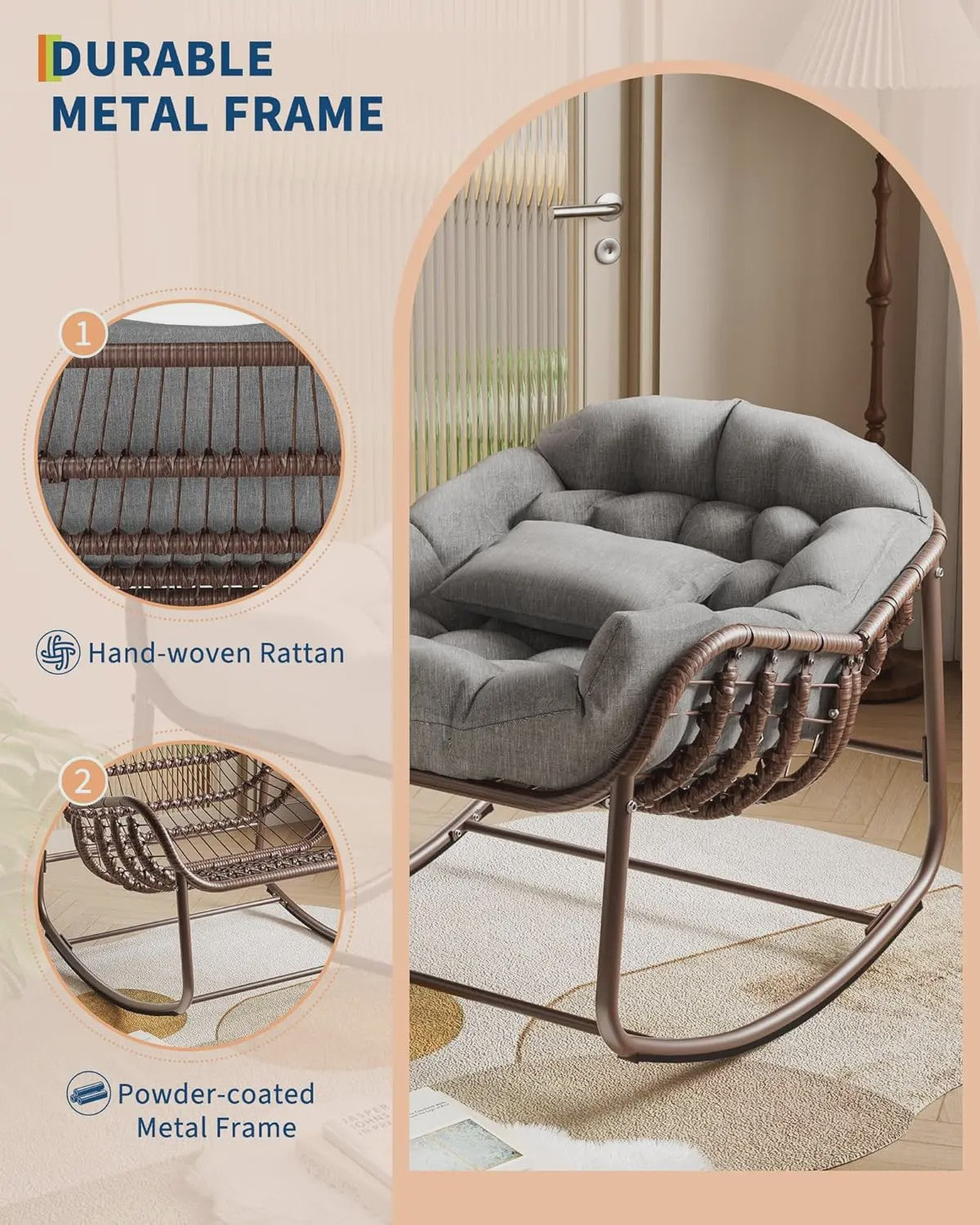 Oversized Rotan Wipstoel met Dik Kussen - Moderne Wicker Lounge Stoel voor Binnen & Buiten