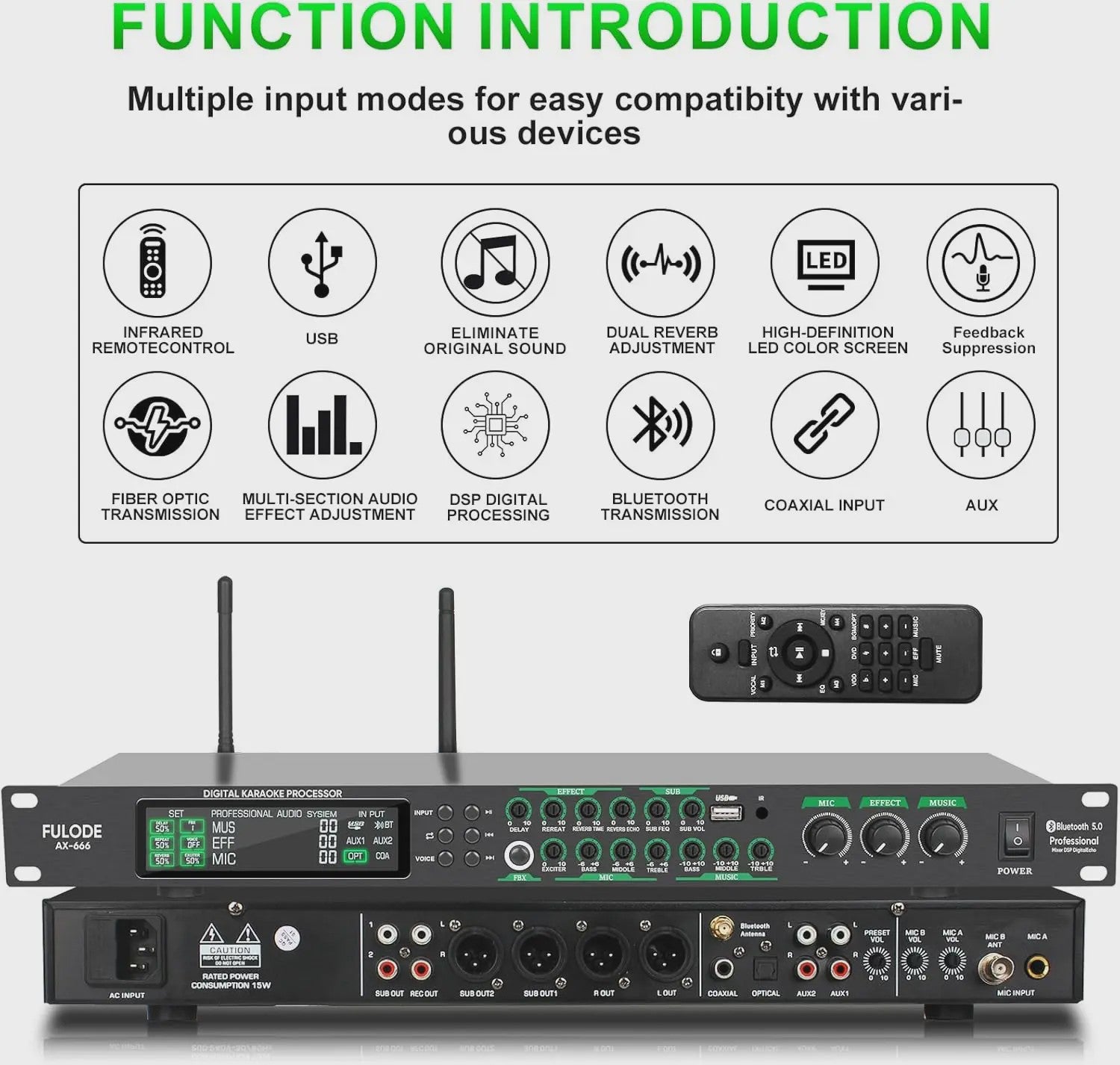 FULODE AX-666 Dubbel Draadloos Microfoon Systeem met Digitale Karaoke Processor