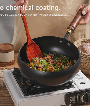 Handgesmeed Gietijzeren Wokpan met Deksel - Non-Stick, Geschikt voor Gas & Inductie