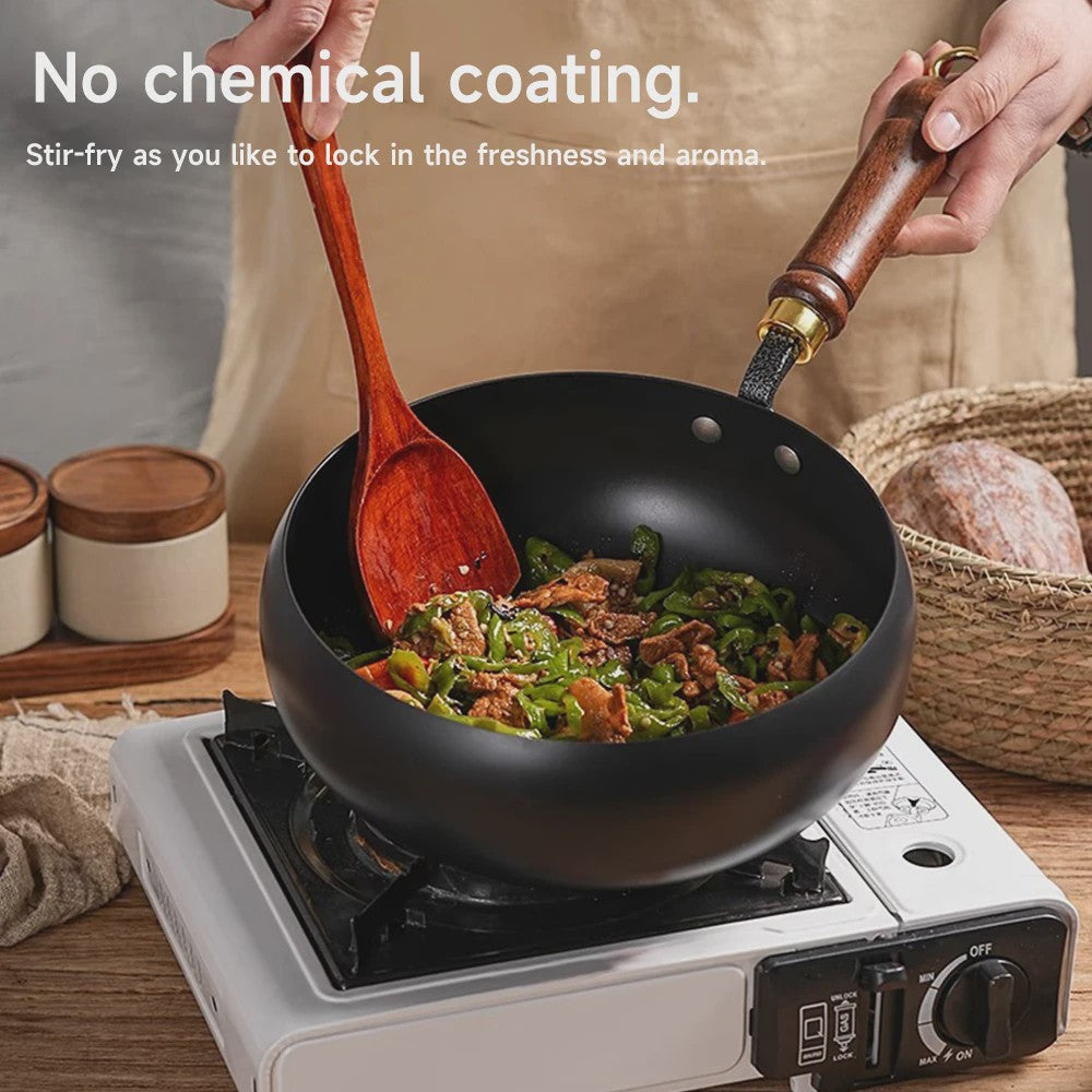 Handgesmeed Gietijzeren Wokpan met Deksel - Non-Stick, Geschikt voor Gas & Inductie