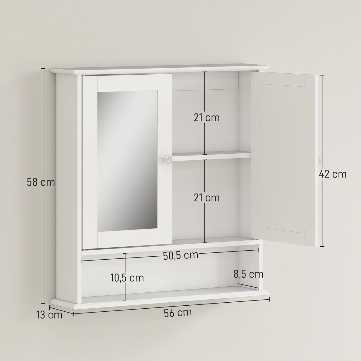 Kleankin Bathroom Cabinet with Wall Mirror with 2 Doors 3-Tier Cabinet for Storage Wall Cabinet