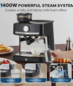 HiMISS Volautomatische Espressomachine met Ingebouwde Grinder en Melkopschuimer - 15 Bar