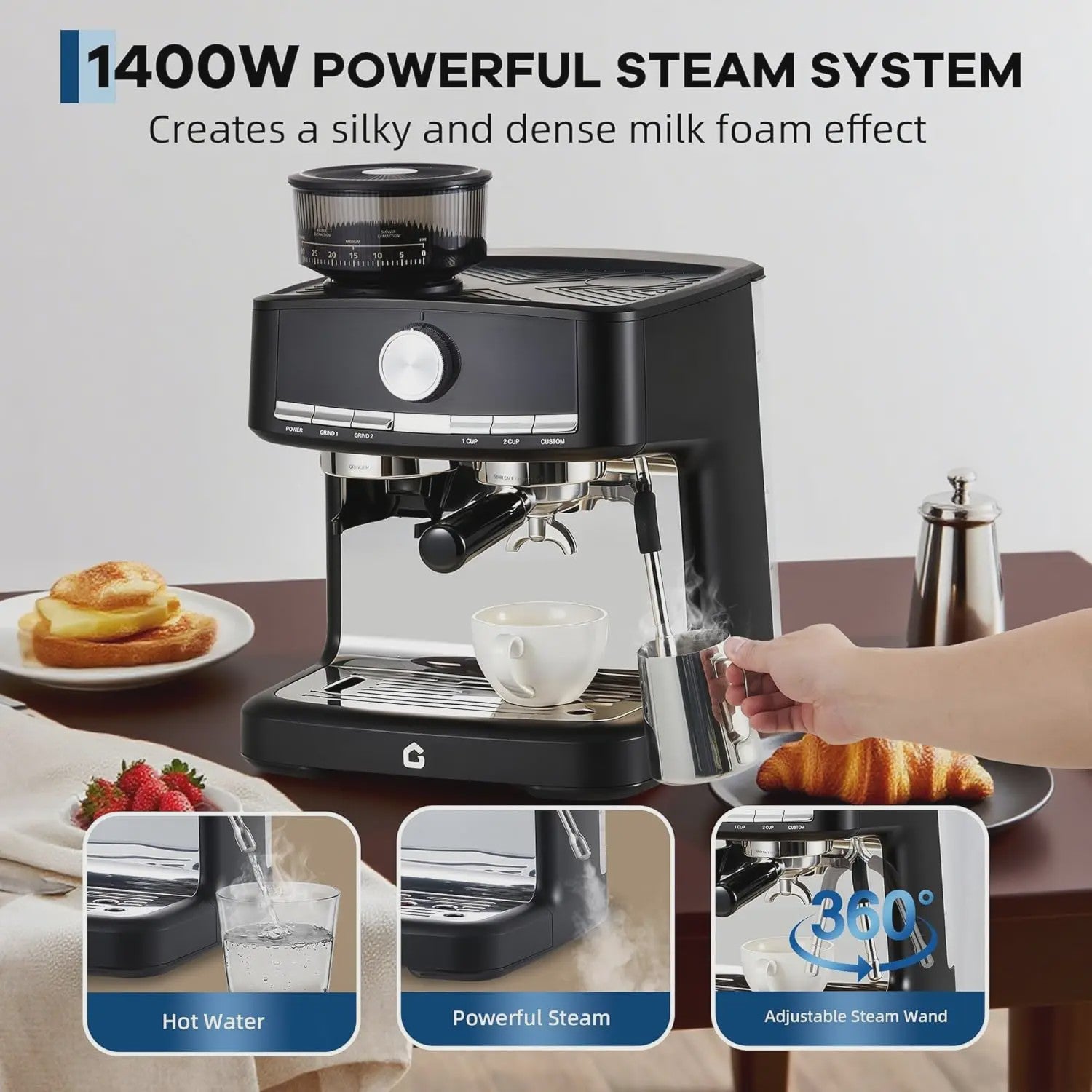 HiMISS Volautomatische Espressomachine met Ingebouwde Grinder en Melkopschuimer - 15 Bar