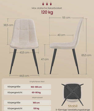 Set van 2 VASAGLE Eetkamerstoelen - Crèmekleurig Gestoffeerd met Metalen Poten