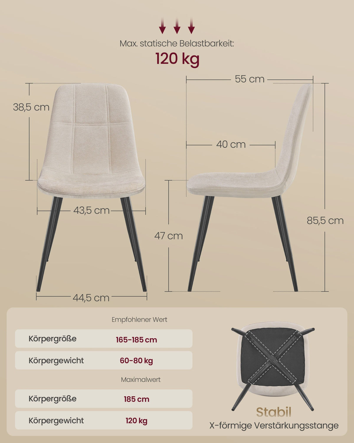 Set van 2 VASAGLE Eetkamerstoelen - Crèmekleurig Gestoffeerd met Metalen Poten