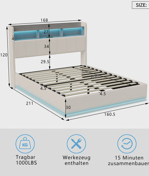Modern Gestoffeerd Dubbelbed met Opbergruimte - 140/160x200cm - Hydraulisch