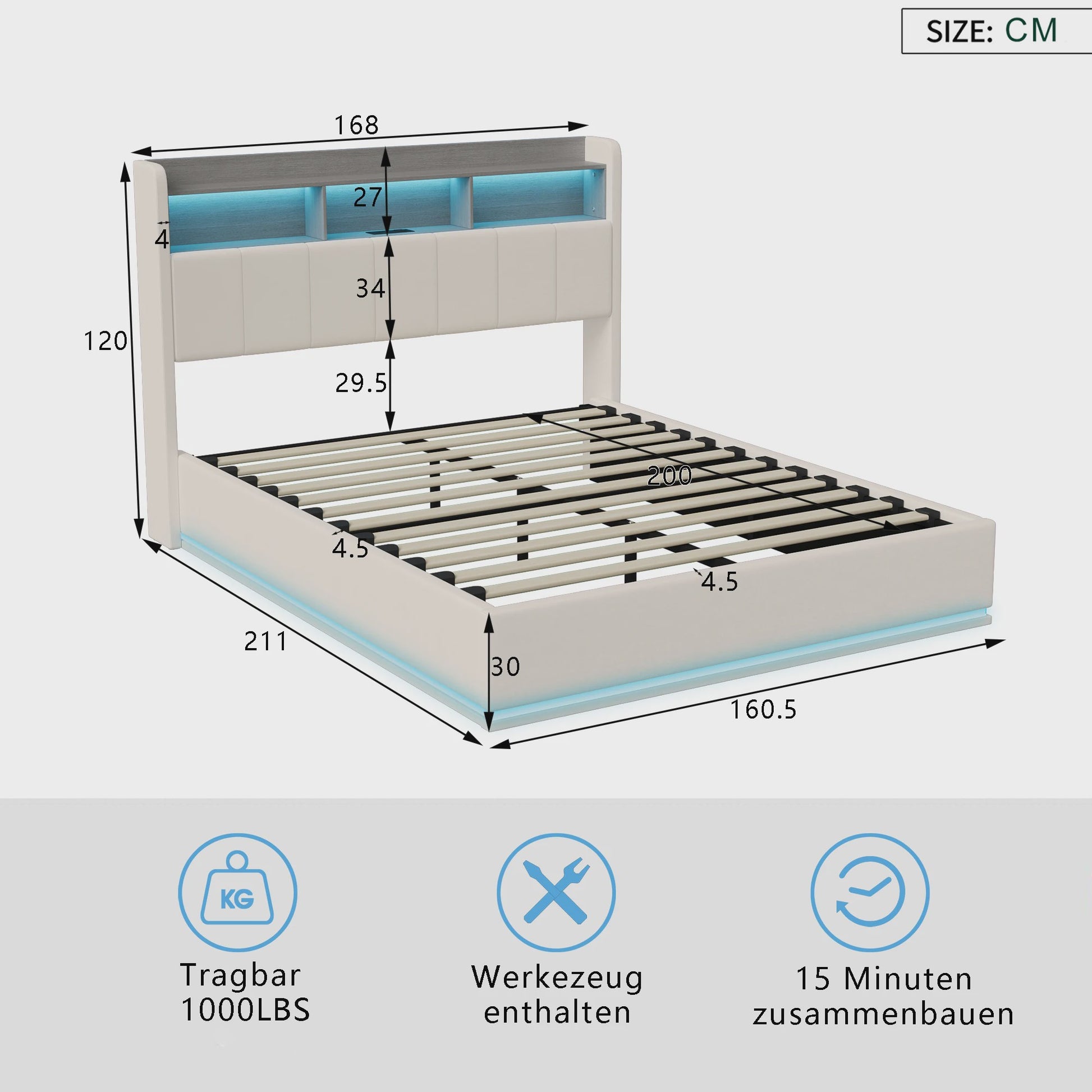 Modern Gestoffeerd Dubbelbed met Opbergruimte - 140/160x200cm - Hydraulisch