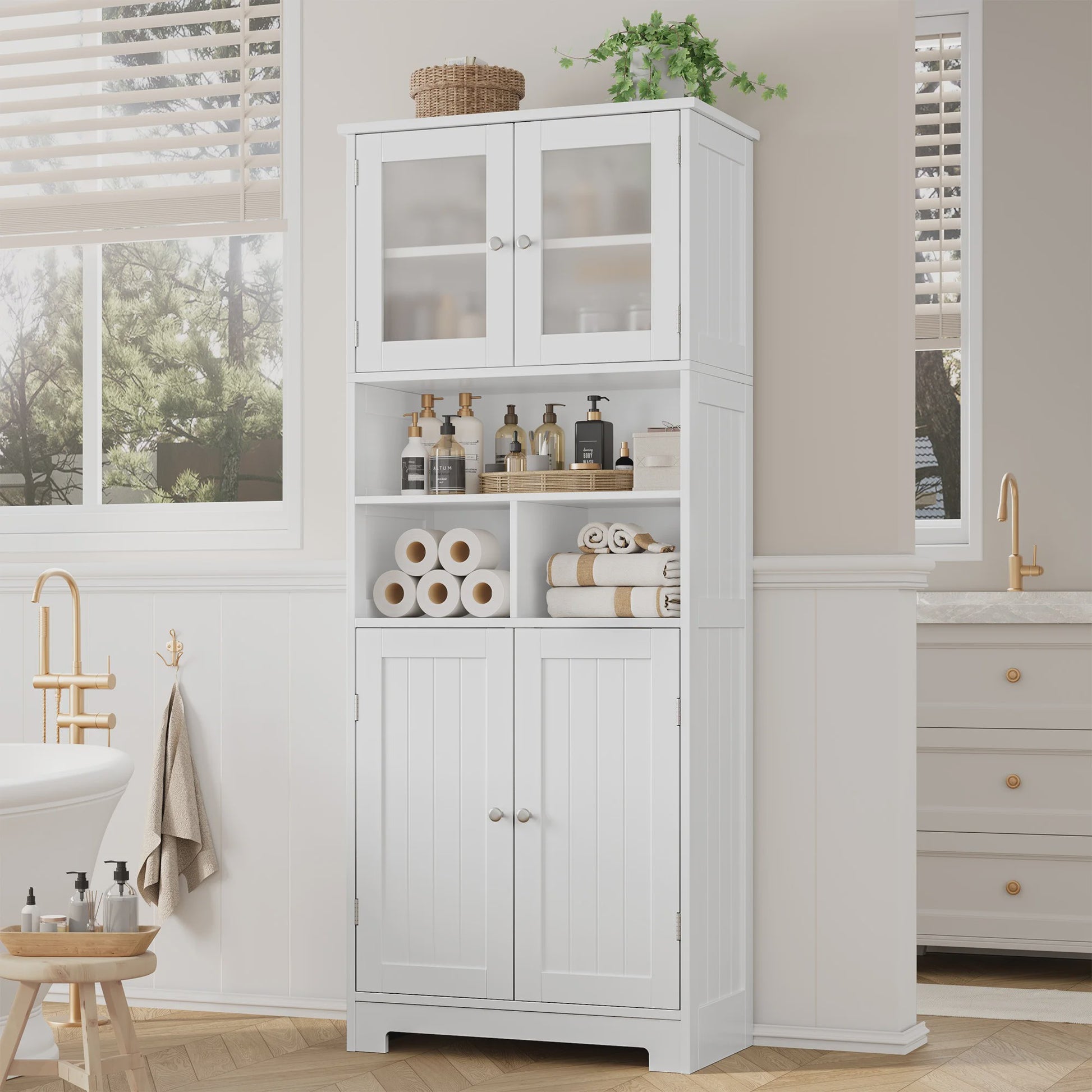 Hoge Houten Kast met 4 Deuren - Veelzijdige Opbergkast voor Badkamer of Keuken