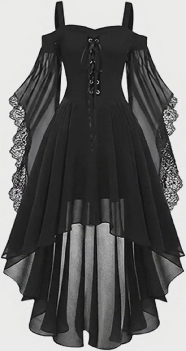 Gothic Heksenjurk Dames - Middeleeuwse Vampier Stijl met Vlinder Mouwen & Kant