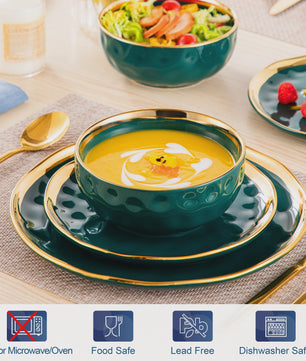 LOVECASA 12/24-delig Servies Set - Porselein met Gouden Rand - Dinerborden & Kommetjes