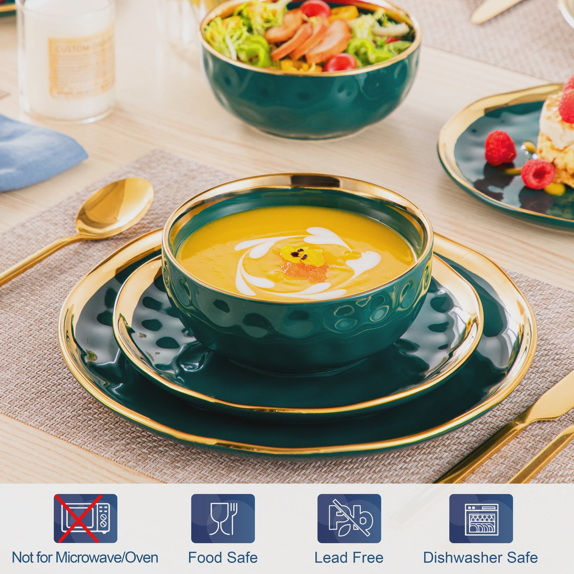 LOVECASA 12/24-delig Servies Set - Porselein met Gouden Rand - Dinerborden & Kommetjes