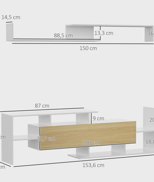 Moderne TV Meubel met Wandrek - 153.6 cm Breed - Wit met Houtdecor Front