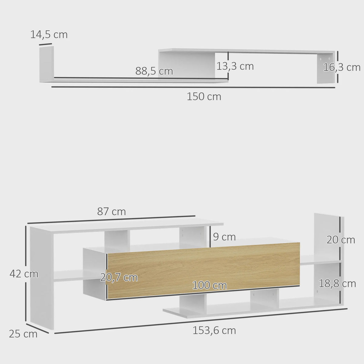 Moderne TV Meubel met Wandrek - 153.6 cm Breed - Wit met Houtdecor Front