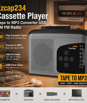 EZCAP234 Cassette naar MP3 Converter: Speel tapes af, neem radio op en luister naar AM/FM