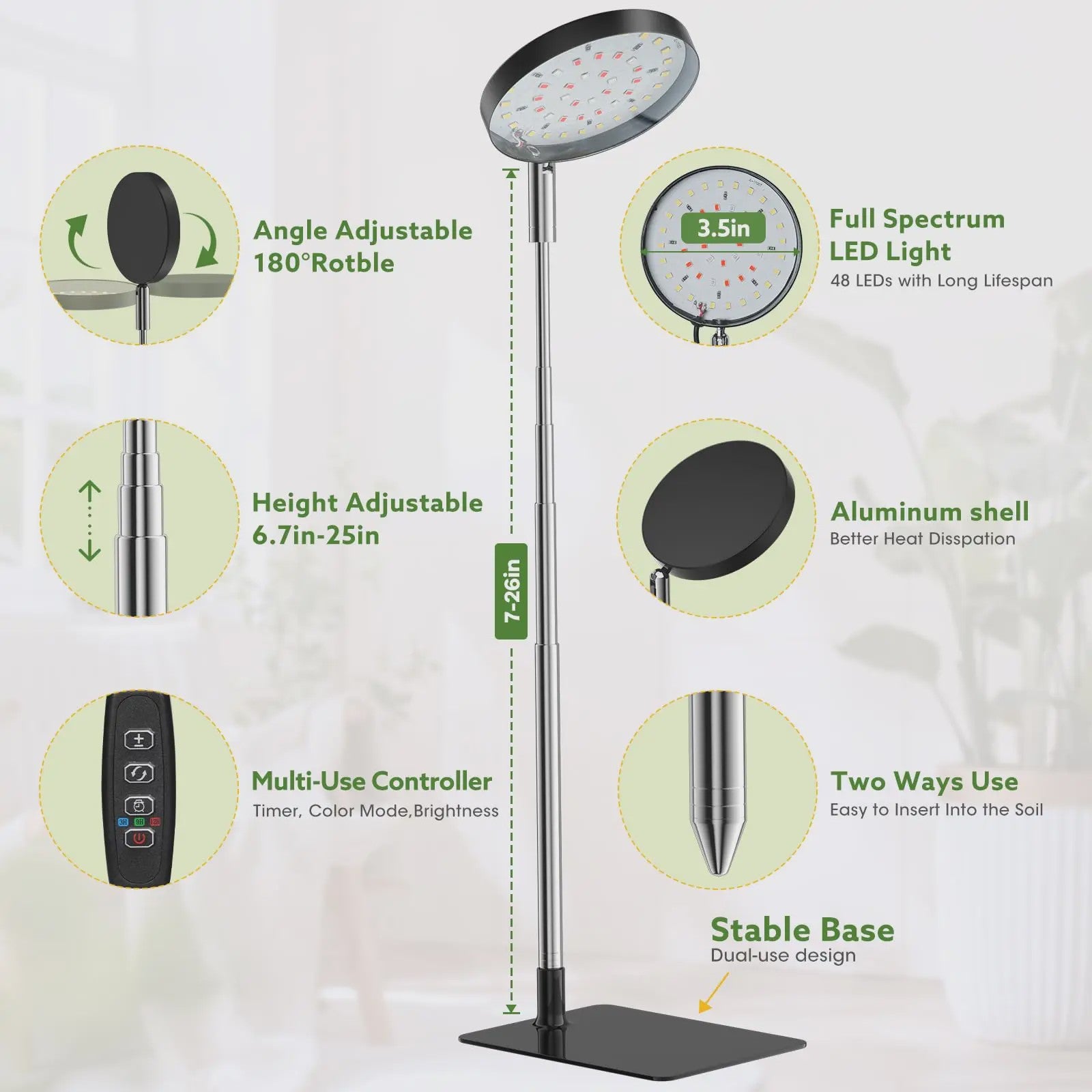 Full Spectrum LED Plantenlamp met 48 LEDs, Instelbare Hoogte & Timer