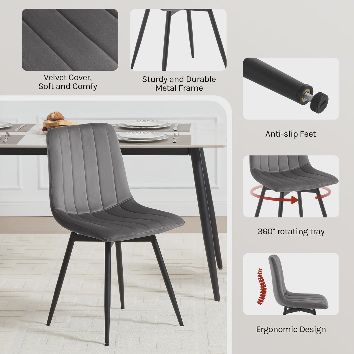 Set van 4 Fluwelen Eetkamerstoelen - 360° Draaibaar & Ergonomisch Ontwerp