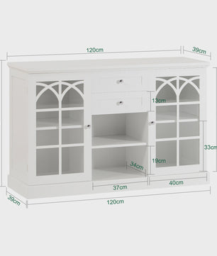 Wit Sideboard met 2 Glazen Deuren en 2 Lades - Stijlvolle Buffetkast voor Woonkamer of Hal