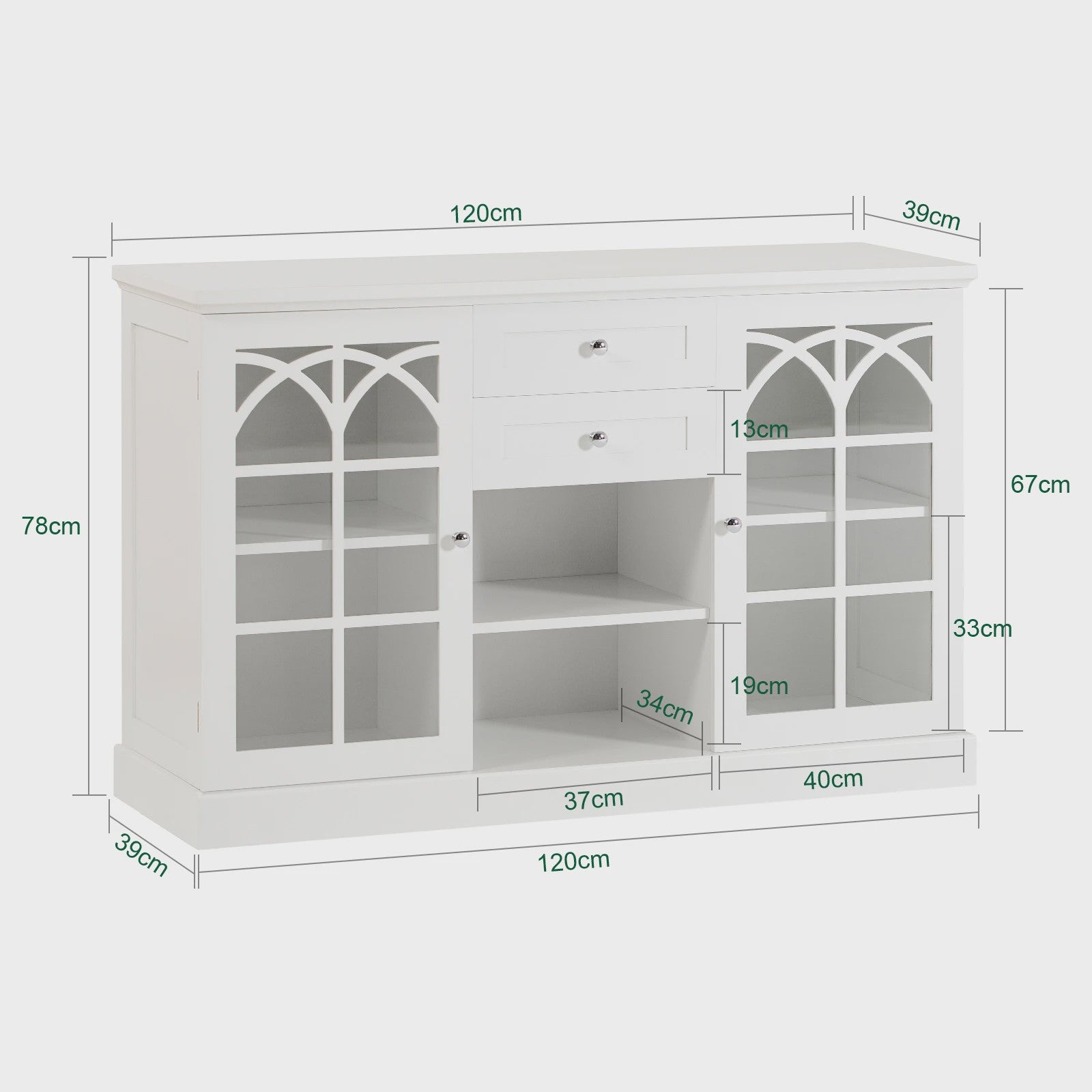 Wit Sideboard met 2 Glazen Deuren en 2 Lades - Stijlvolle Buffetkast voor Woonkamer of Hal