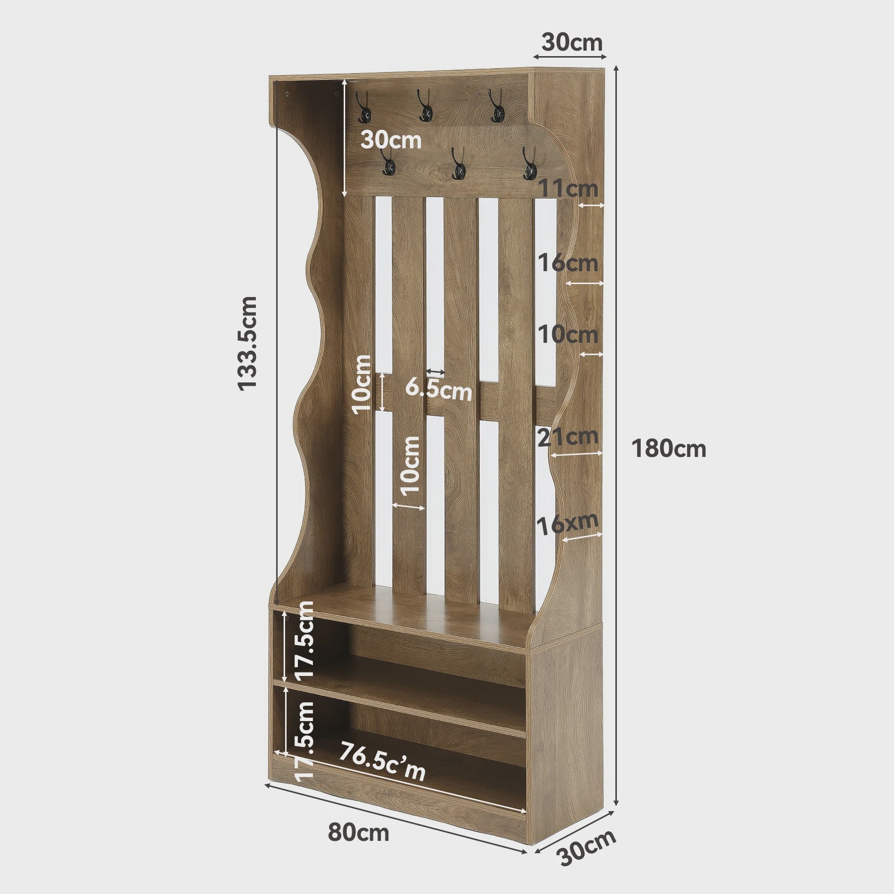3-in-1 Halmeubel met Schoenenbank en Kapstok - Boerderijstijl Entree Organizer - 180cm Hoog - Bruin