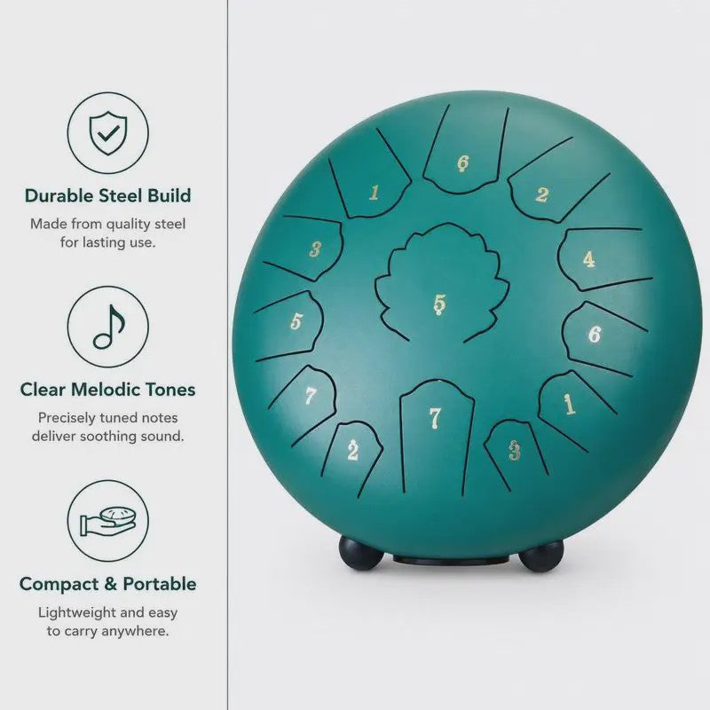 Groene Steel Tongue Drum 305mm met 13 Noten - Inclusief Mallets & Draagtas