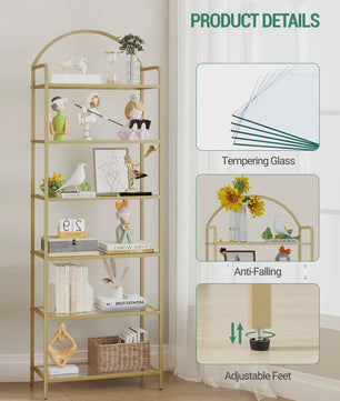 Gouden Boekenkast met 6 Planken van Gehard Glas en Stalen Frame