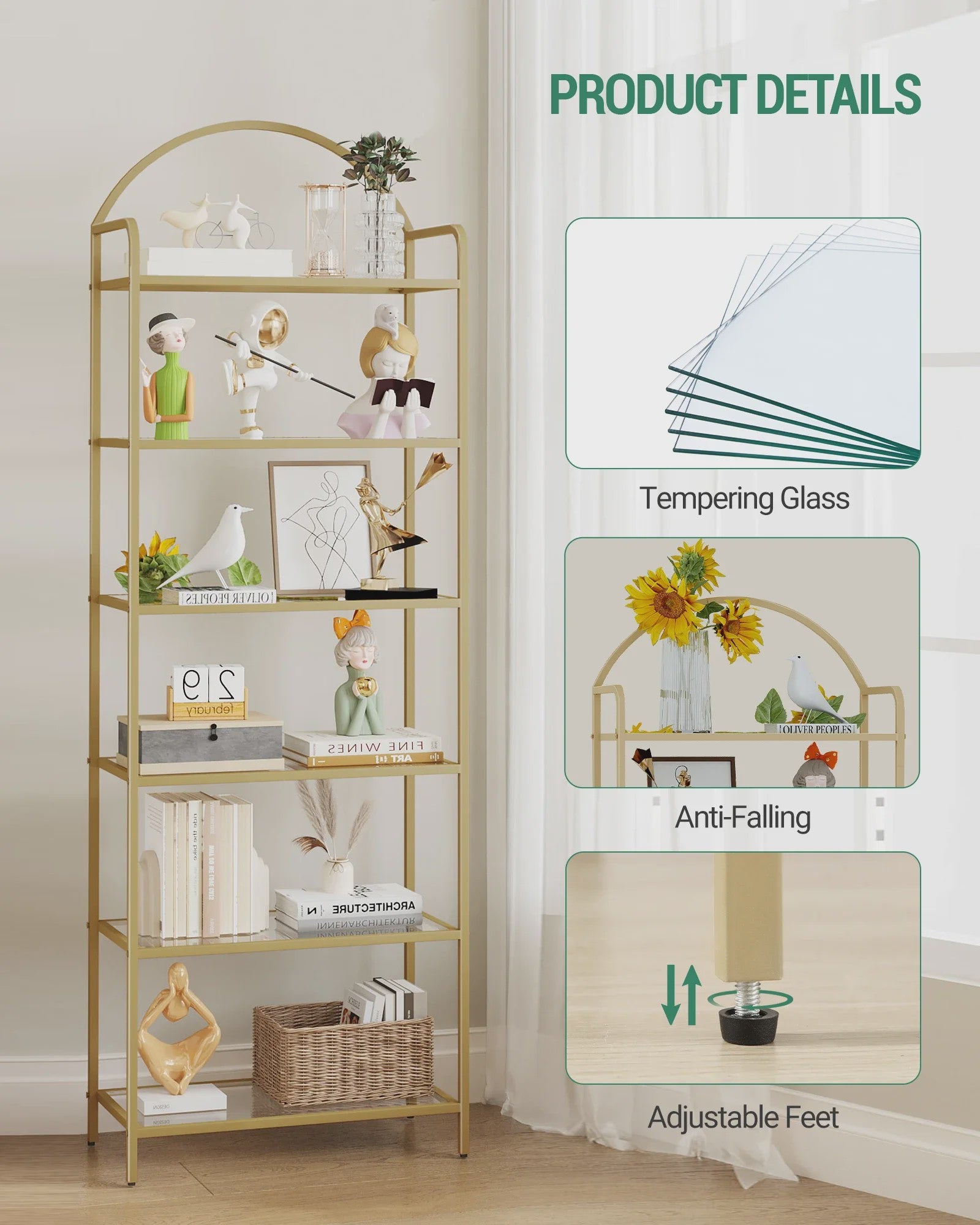 Gouden Boekenkast met 6 Planken van Gehard Glas en Stalen Frame