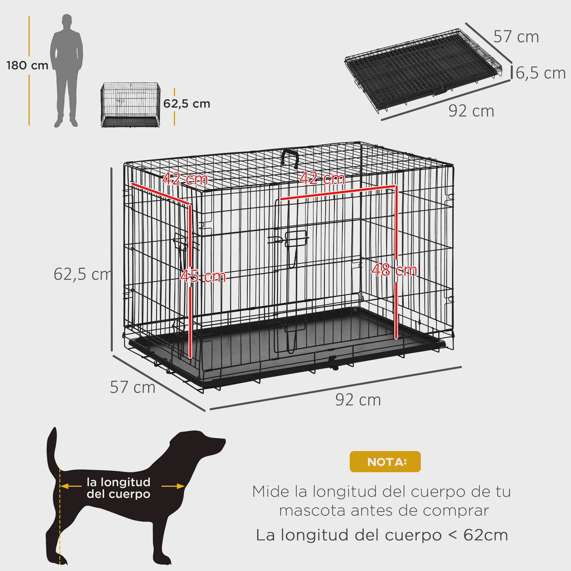 Pawhut Opvouwbare Hondenkennel met 2 Deuren, Verwijderbaar Bakje en Handvat - 92x57x62.5 cm Zwart
