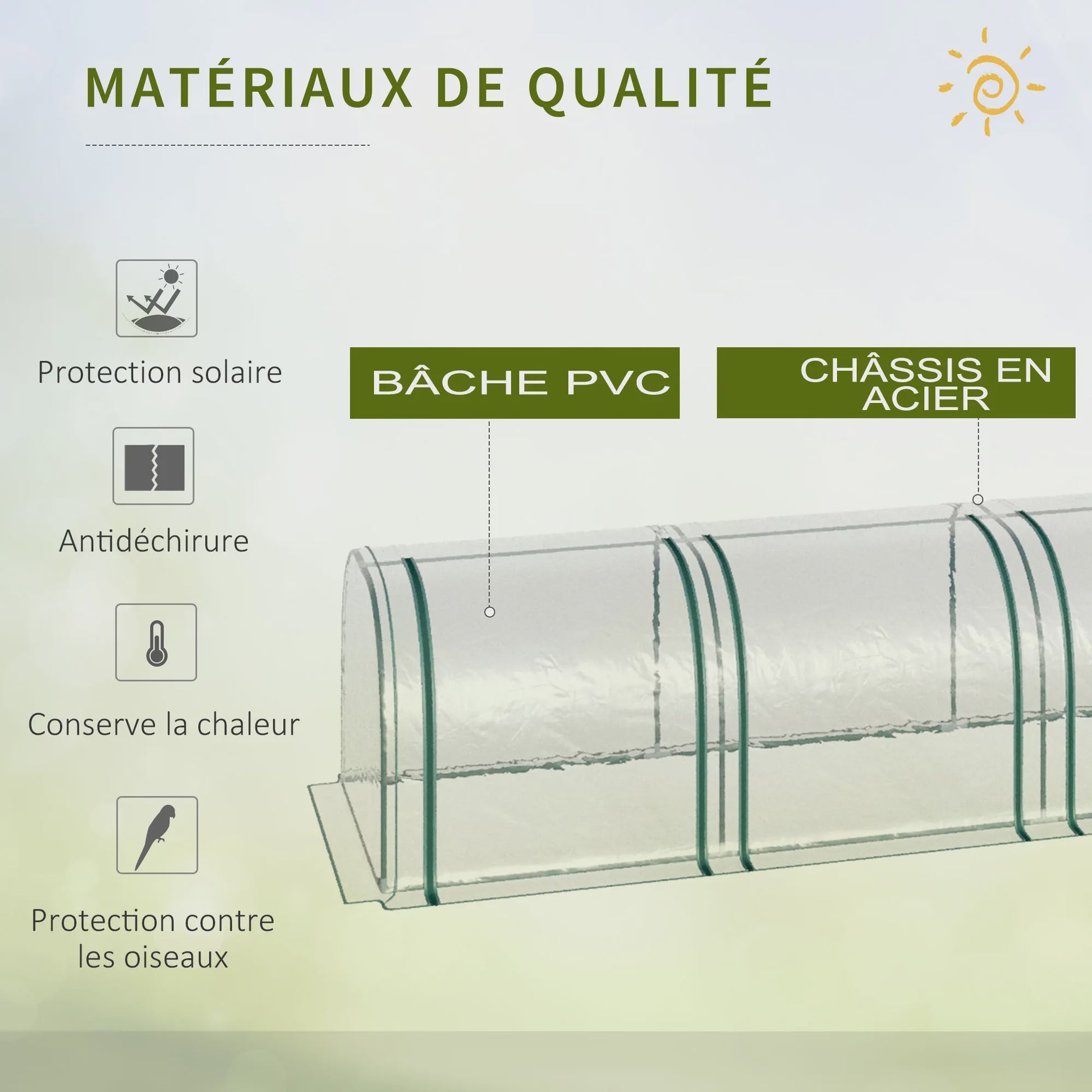 Outsunny Mini Tunnel Kas met Staalframe, UV-bescherming en 4 Roldeuren - 3.95m Lengte