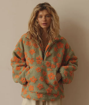 Dames Sherpa Pullover Hoodie met Bloemenprint en Halve Rits - Warm & Stijlvol