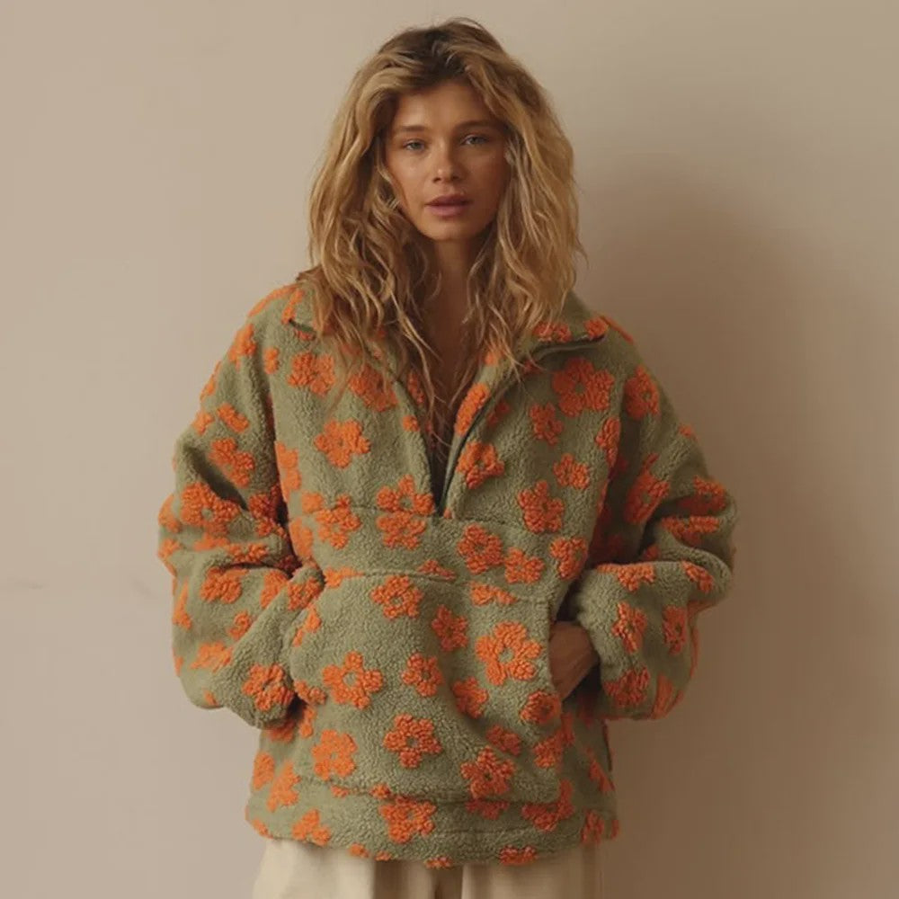 Dames Sherpa Pullover Hoodie met Bloemenprint en Halve Rits - Warm & Stijlvol