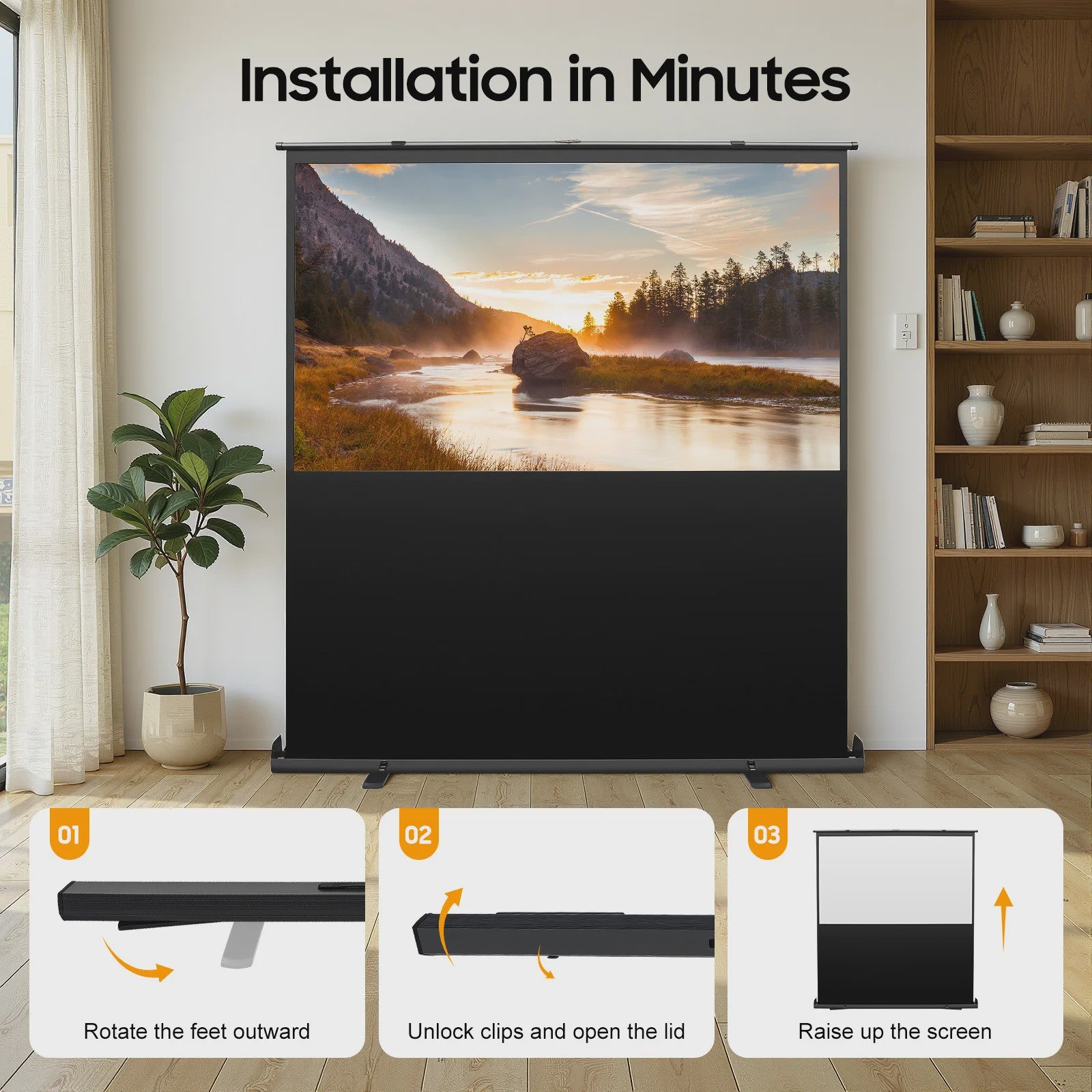 80 Inch Draagbaar Projectiescherm met Verhoogbaar Frame - 16:9, 4K/8K Ultra HD, 160° Kijkhoek, HDR/3D
