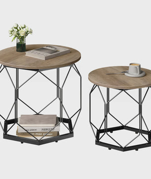 Set van 2 Ronde Bijzettafels met Opbergruimte - Stijlvolle Koffie- en Salontafels voor de Woonkamer met Metaal Frame en Hout
